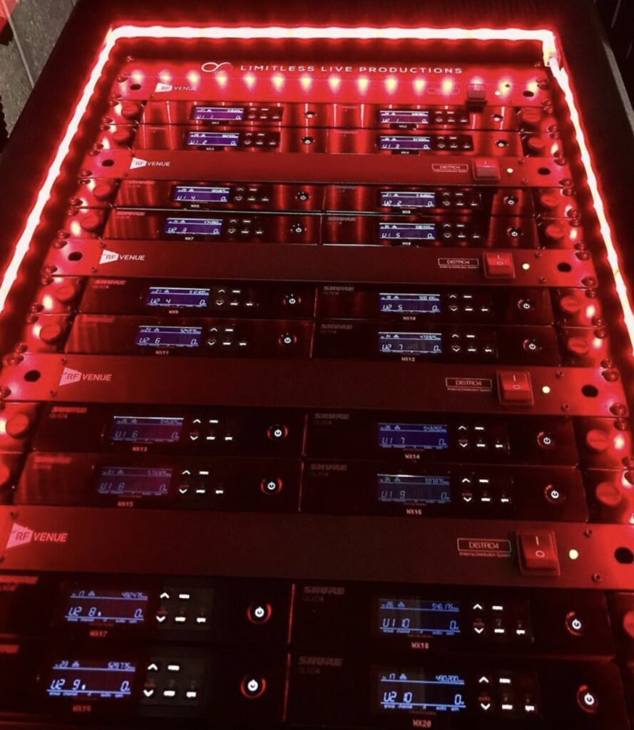 A rack full of wireless microphone equipment.